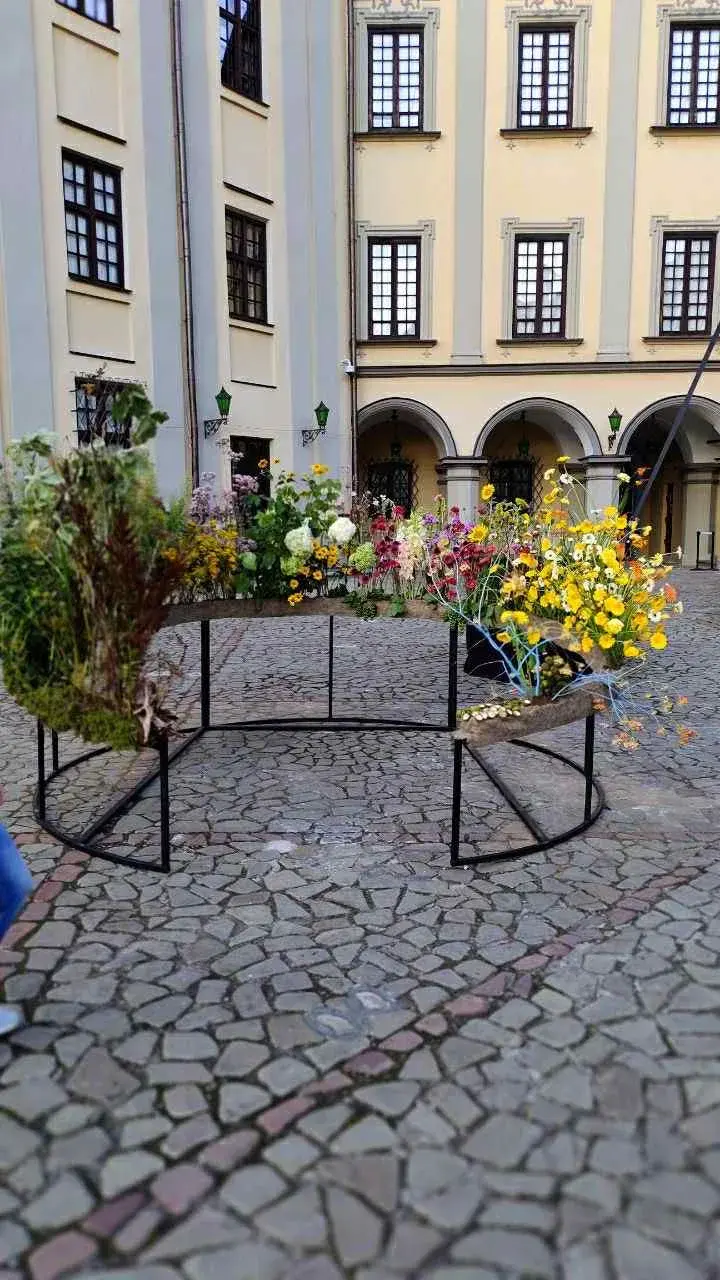 Garden flowers on curved steel frames in a stone courtyard